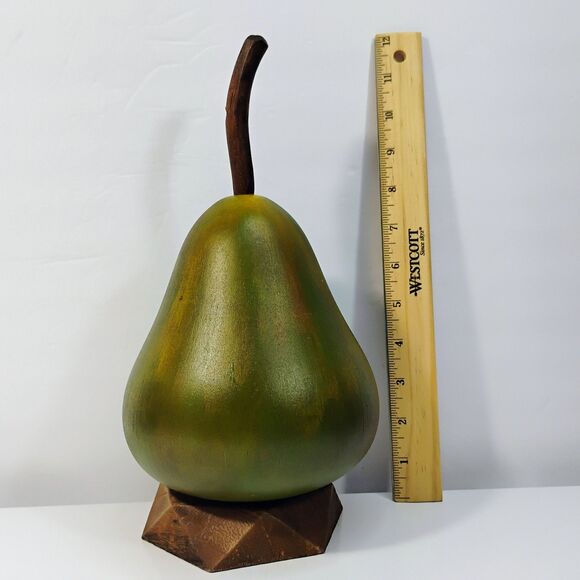 Vtg Hand carved & Painted Pear Wooden Green Fruit & Geometric Base Coaster Set - Picture 6 of 12